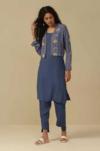 AARKE Denim blue floral print kurta jacket set