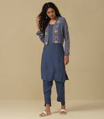 AARKE Denim blue floral print kurta jacket set