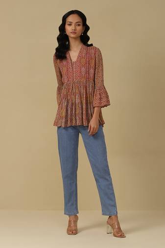 Mustard & fuschia printed kurti