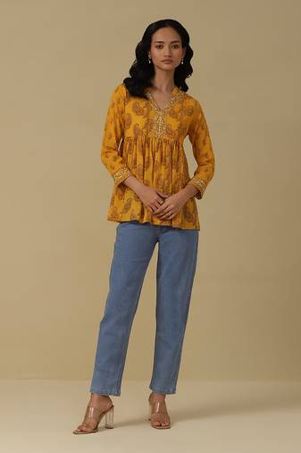 Marigold yellow paisley print kurti with camisole