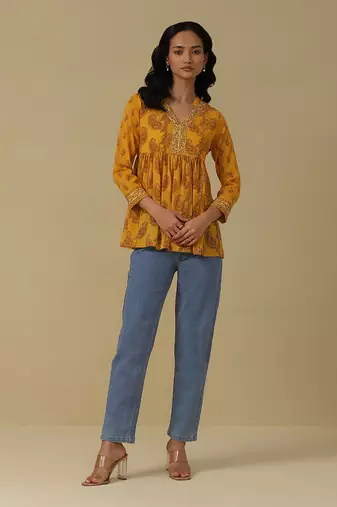 Marigold yellow paisley print kurti with camisole
