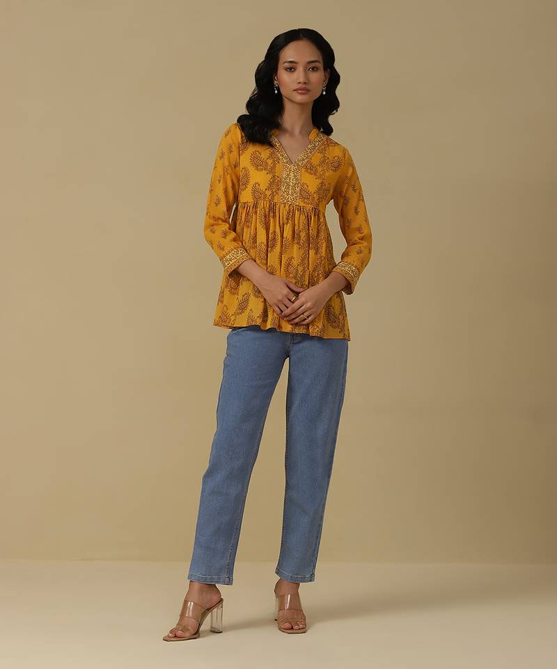 Marigold yellow paisley print kurti with camisole