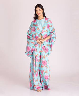 Powder blue printed cotton silk cape set 1