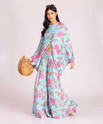 Powder blue printed cotton silk cape set 2