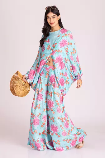 Powder blue printed cotton silk cape set