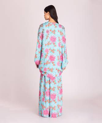 Powder blue printed cotton silk cape set 3