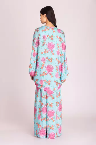 Powder blue printed cotton silk cape set