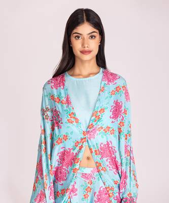 Powder blue printed cotton silk cape set 4