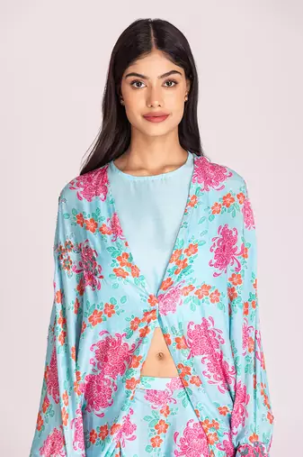 Powder blue printed cotton silk cape set