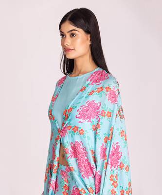 Powder blue printed cotton silk cape set 5