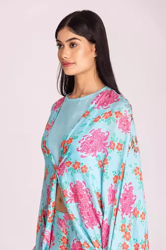 Powder blue printed cotton silk cape set