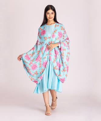 Powder blue printed cotton silk dress with cape 1