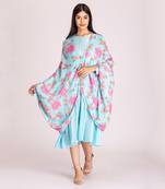 Powder blue printed cotton silk dress with cape