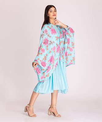 Powder blue printed cotton silk dress with cape 2