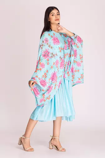 Powder blue printed cotton silk dress with cape
