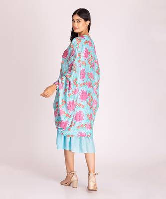 Powder blue printed cotton silk dress with cape 3