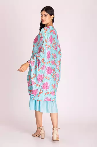 Powder blue printed cotton silk dress with cape