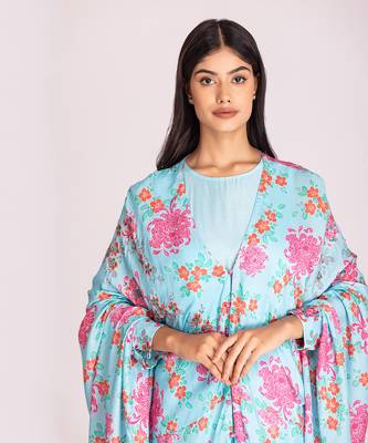 Powder blue printed cotton silk dress with cape 4