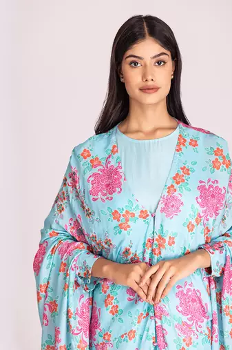 Powder blue printed cotton silk dress with cape