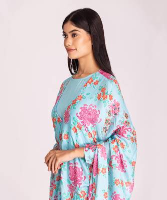 Powder blue printed cotton silk dress with cape 5