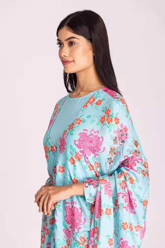 Powder blue printed cotton silk dress with cape