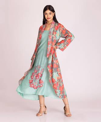 Multi colour cotton silk dress with jacket 1