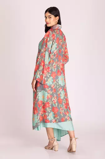 Multi colour cotton silk dress with jacket