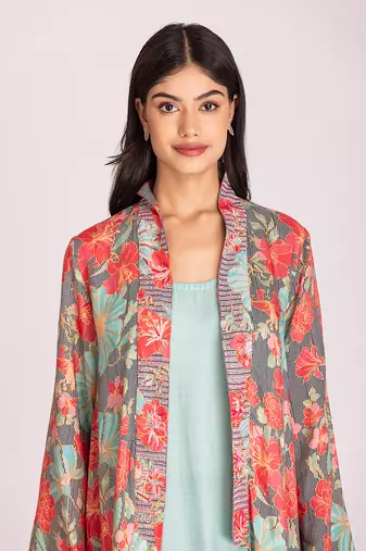Multi colour cotton silk dress with jacket
