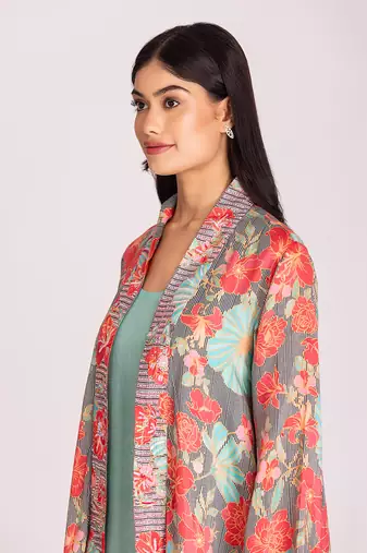Multi colour cotton silk dress with jacket