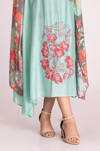 Multi colour cotton silk dress with jacket