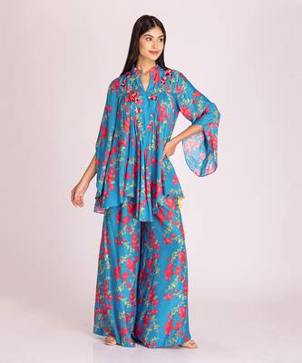Turquoise blue printed cotton silk co ord set 1