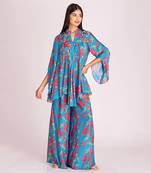 Turquoise blue printed cotton silk co ord set