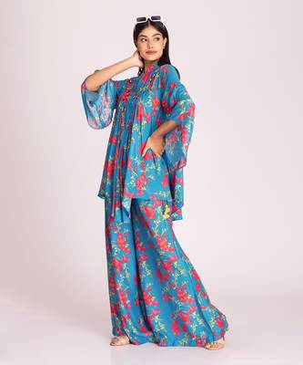 Turquoise blue printed cotton silk co ord set 2