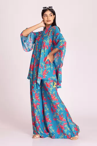Turquoise blue printed cotton silk co ord set