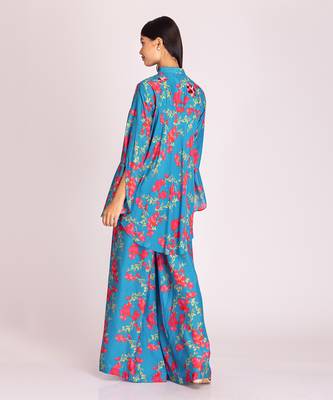 Turquoise blue printed cotton silk co ord set 3