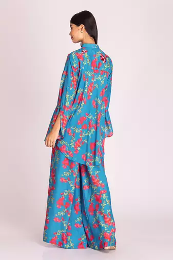 Turquoise blue printed cotton silk co ord set