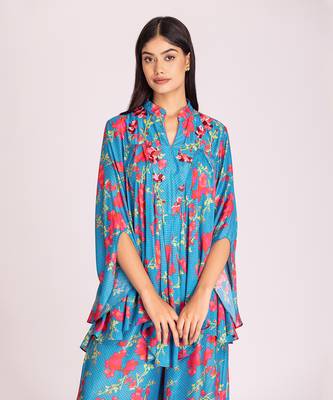 Turquoise blue printed cotton silk co ord set 4