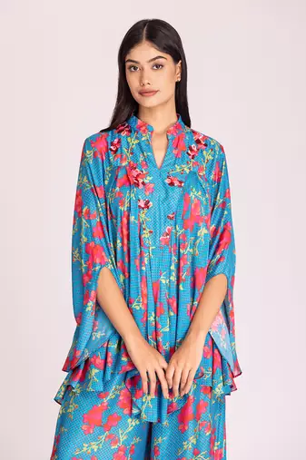 Turquoise blue printed cotton silk co ord set