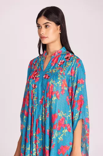 Turquoise blue printed cotton silk co ord set