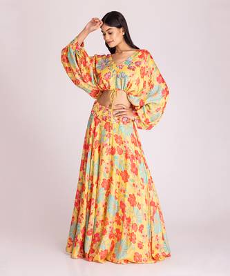 Yellow cotton silk crop skirt set 1