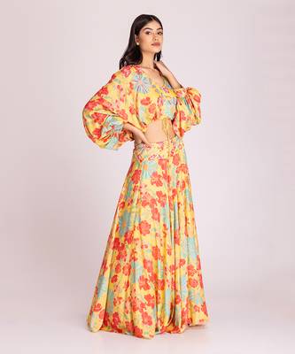 Yellow cotton silk crop skirt set 2