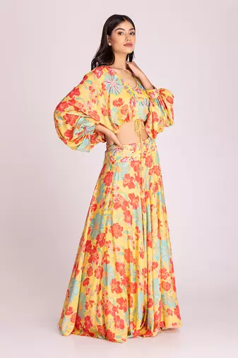 Yellow cotton silk crop skirt set