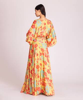 Yellow cotton silk crop skirt set 3
