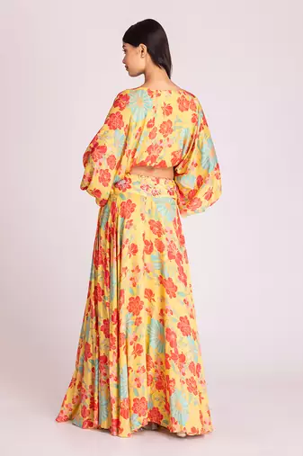 Yellow cotton silk crop skirt set