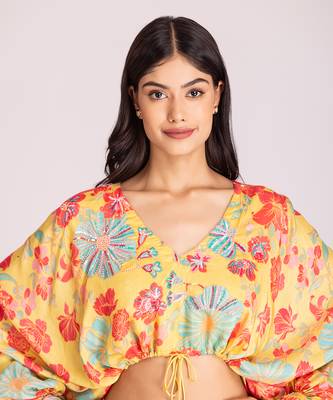 Yellow cotton silk crop skirt set 4