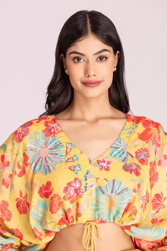 Yellow cotton silk crop skirt set