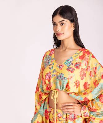 Yellow cotton silk crop skirt set 5