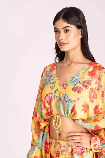 Yellow cotton silk crop skirt set