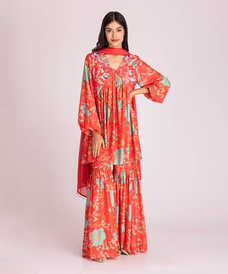 Tangerine red cotton silk gharara set 1