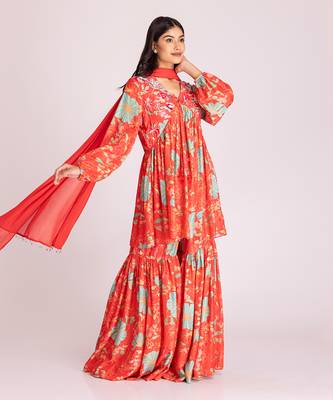 Tangerine red cotton silk gharara set 2